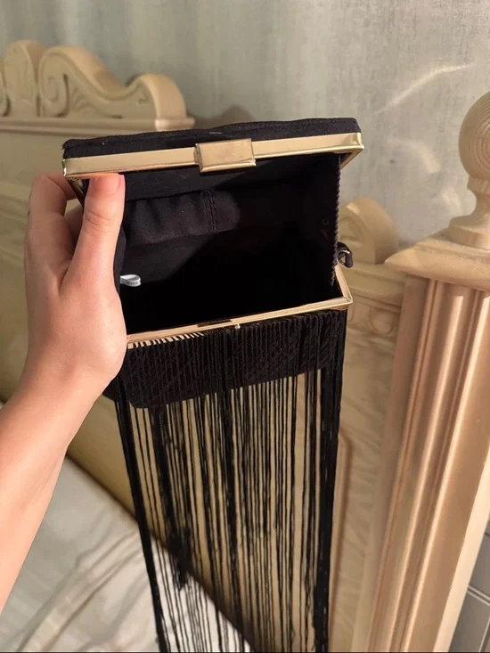 Black Fringe Evening Bag with Gold Accent - Picture 5 of 6